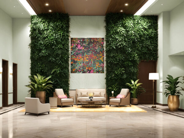 Hotel lobby met plantbekleding en wandkleed, wactruimte, liften, hotel, luxe segment