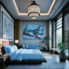 Hotelkamer met wandkleed van pauw, luxe kingsizebed, aziatische sfeer, hoge ramen, lantaarn aan het plafond, blauw
