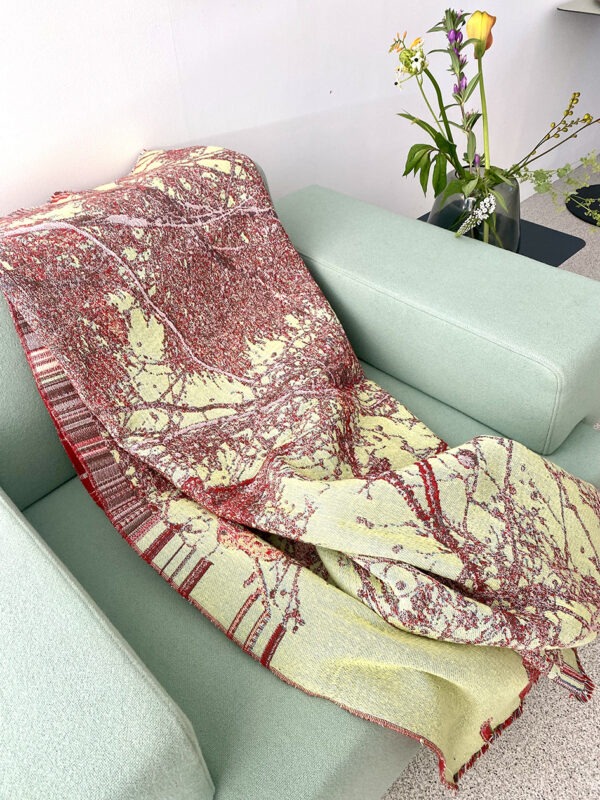 geweven plaid, dubbelzijdig, rood, geelgroen, grote groene fauteuil