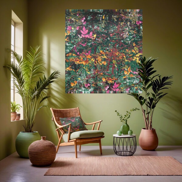 Modern interieur met planten, groene muren en wandkleed Autumn