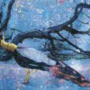 wandkleed met pauw in dromerig landschap, titel Sanctity, mohair, viscose en katoen