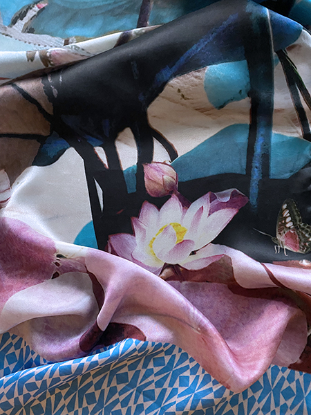 shawl, zijden, print, lotus