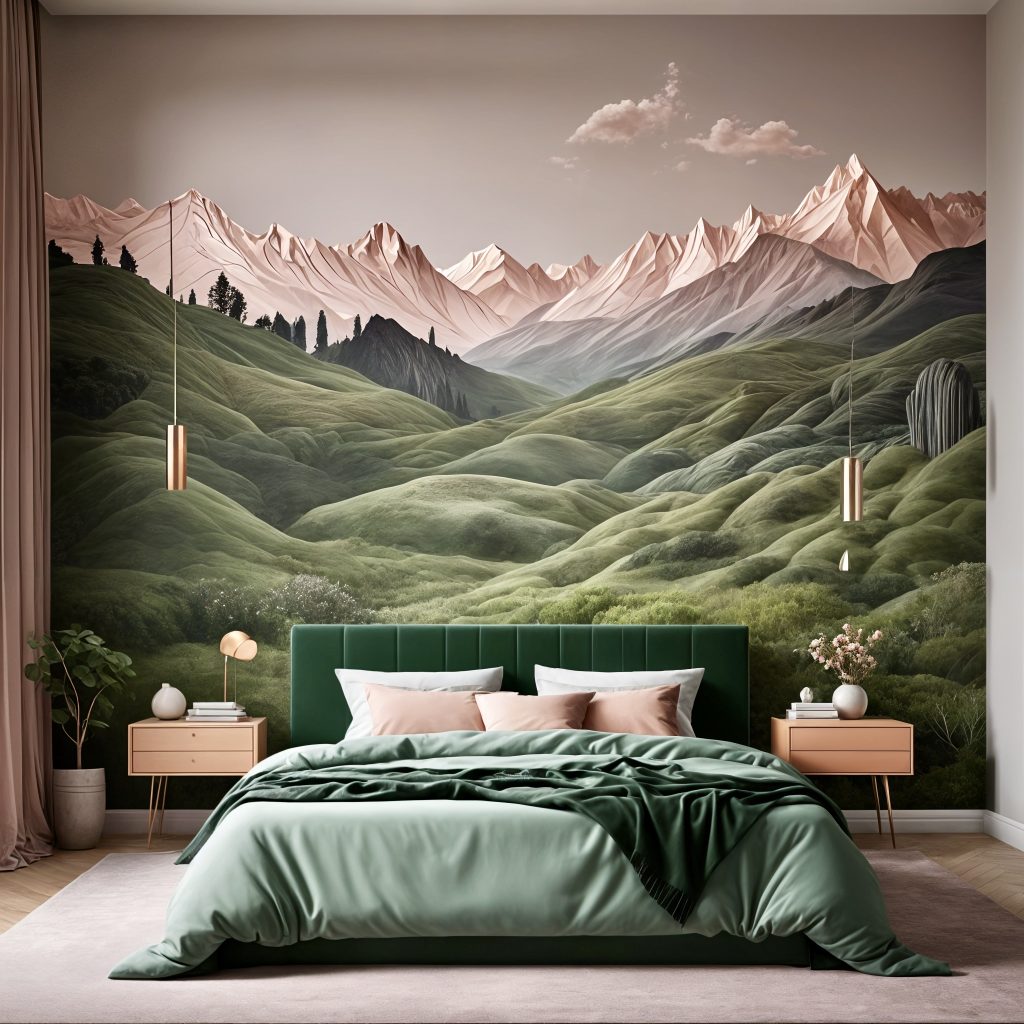 slaapkamer met behang mountain view, custom made, printdesign